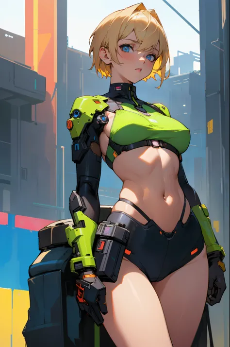 beautiful, perfect eyes, perfect face, perfect lighting, 1girl, short blonde hair, two piece bikini, medium breasts, wide hips, cyberpunk background (masterpiece:1.3) ultra detailed illustration, (masterpiece:1.2), (best quality:1.2), UHD, UHD, UHD, UHD, U...