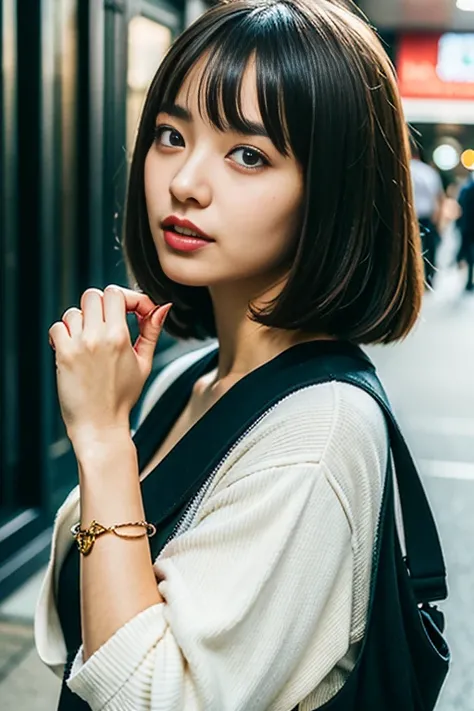 Girl in casual outfits，Extremely high image quality，Cinematic film texture，Photorealsitic，trainstation background，depth of fields，Qi bangs，二重まぶた，deepening of the tail of the eyes,，Wear a bracelet on your wrist，Scarlet lips，lips are shiny and、It has a textu...