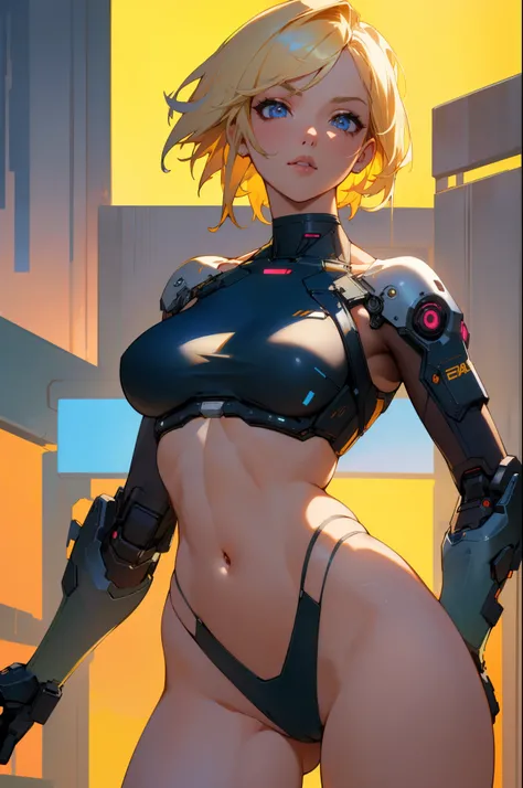 beautiful, perfect eyes, perfect face, perfect lighting, 1girl, short blonde hair, two piece bikini, medium breasts, wide hips, cyberpunk background (masterpiece:1.3) ultra detailed illustration, (masterpiece:1.2), (best quality:1.2), UHD, UHD, UHD, UHD, U...