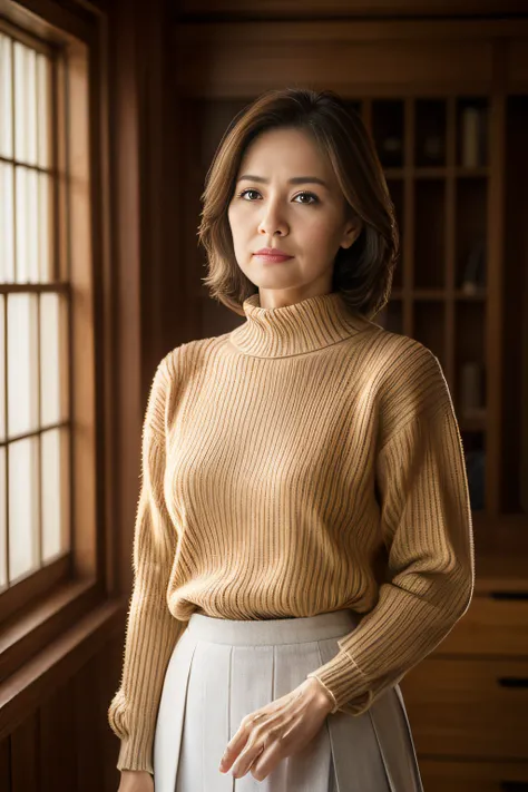 top-quality, ​masterpiece, hight resolution, Photorealsitic, profetional lighting, ighly detailed, depth of fields, ((One beautiful woman)), ((80years old)), Female sexy, ‎Classroom, ((tight sweater, skirt by the)), Detailed face, beautidful eyes, bangss, ...