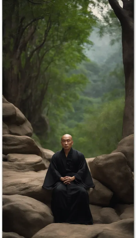 Alafid man in black robe sitting on rock in forest, Taoist, Taoist, Inspired by Ma Yuan, Matte Painting Portrait Shoot, inspired by Li Cheng, samurai portrait photo, in black robe, portrait of monk, pan ren wei, Inspired by Fan Kuan, inspired by Li Kan, In...