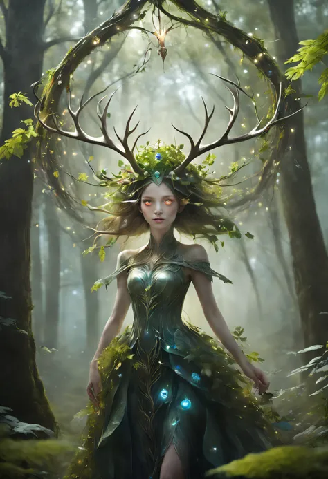 In a mystical forest, a wondrous sight unfolds as a girl, seemingly crafted from the very flora of the woodland, stands amidst the verdant foliage. Her form is adorned with delicate, intertwining vines and leaves, and a pair of ethereal antlers crown her h...