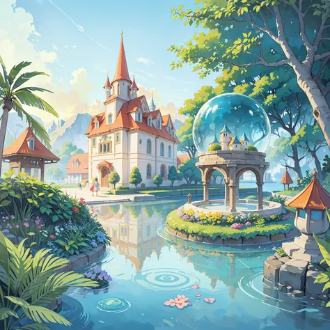 ((picture book illustration)), fantasy landscape, watercolor illustration, whimsical, warm colors, tropical village in a sandbank with semi-flooded streets, a fountain with a floating magic water sphere in the middle of a square, ((glass princess castle)),...