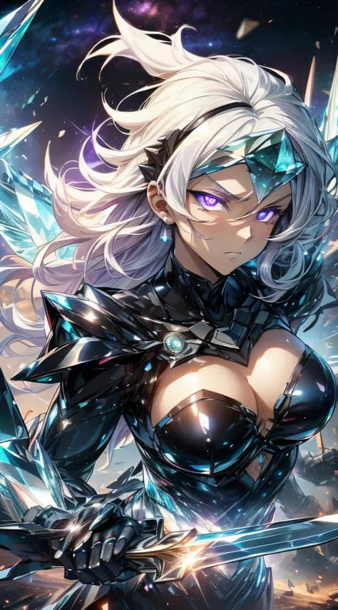 top-quality、Top image quality、​masterpiece、girl with((Black Suit、glowing mechanic suit、18year old、teen ager、cute little、Best Bust、big bast,Beautiful shining purple eyes、Breasts wide open, white  hair、Longhaire、A slender,Large valleys、belligerent movements,...