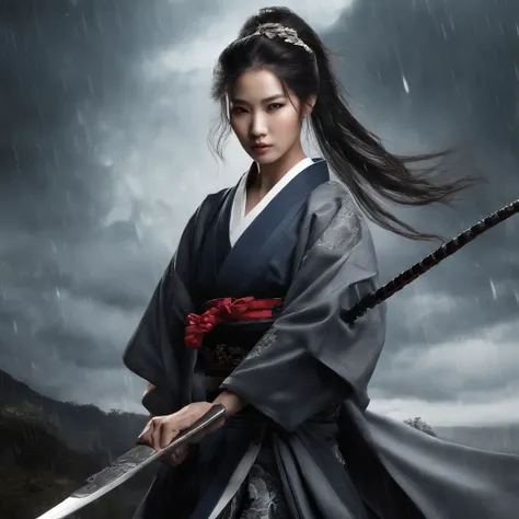 ink and watercolor painting、black-and-white、monotone、monochromes、,

Dark storm clouds.
Pouring rain. 
, 18 years old、Black Hair Ponytail 、female samurai in kimono、
Black Latex Stocking Headband Rest Samurai Katana&#39;Sword on the shoulder。. 
((Detailed sk...