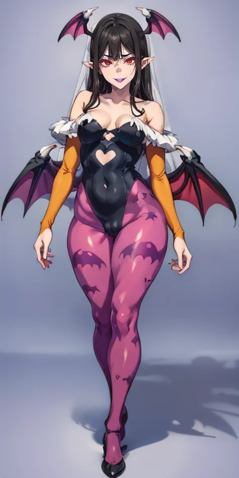 anatomically correct, best quality, masterpiece, high quality, high details, highres, HD, (shaded face:1.2), hollow eyes, red eyes, looking at viewer, heavy breathing, smirk, upper teeth, purple lips, black hair, long hair, pointy ears, highleg leotard, pr...