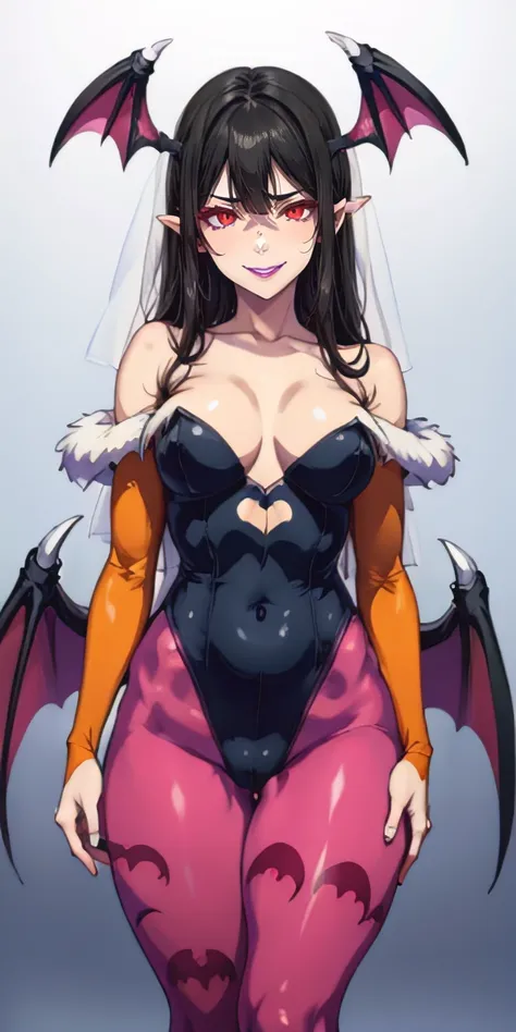 anatomically correct, best quality, masterpiece, high quality, high details, highres, HD, (shaded face:1.2), hollow eyes, red eyes, looking at viewer, heavy breathing, smirk, upper teeth, purple lips, black hair, long hair, pointy ears, highleg leotard, pr...