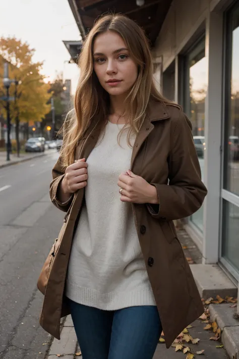 Blonde Swedish woman wearing a coat in an autumn environment right before sunset