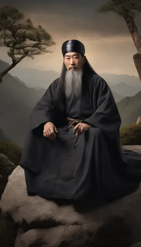 Close-up of a young Chinese Taoist leader sitting on a stone,Long gray hair，Bearded，Meditation cross-legged，Daoism, Dressed in black robes，magic aura，Taoist,Taoist，Located in the center，facing at the camera，