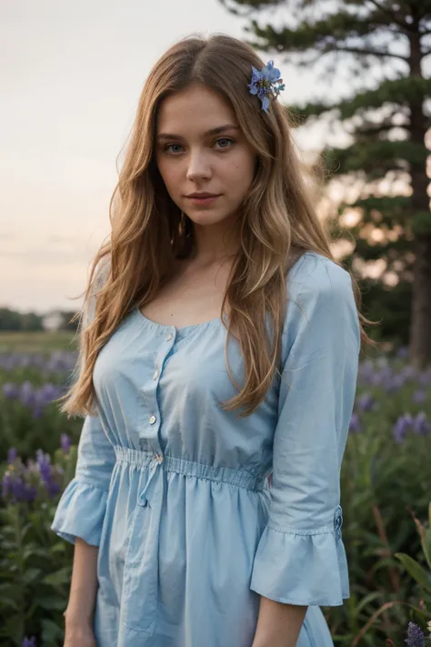 Blonde Swedish woman wearing a blue spring dress in a spring environment right before sunset, blue flowers in hair