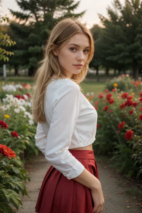 Blonde Swedish woman wearing a red skirt in a spring environment right after sunrise, red flowers in hair