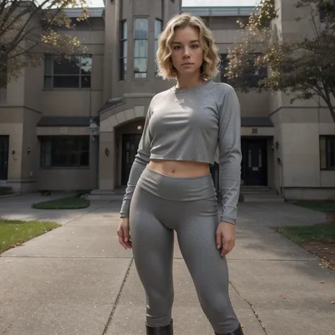 8k, best quality, (photorealistic:1.4), 1girl, blond hair, short hair length, wavy hair, athletic, big butt, warm grey thermal shirt, leggings, and short black boots, pose: standing in front of a college building, full length photo