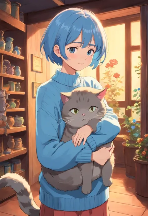 Short-haired girl in light blue sweater hugs cat sideways