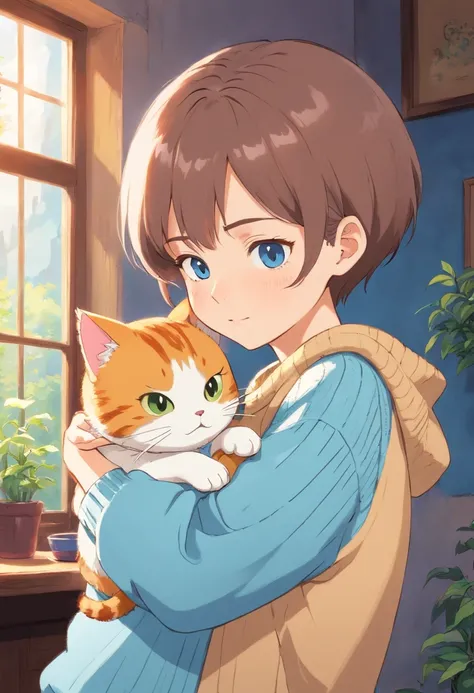 Short-haired girl in light blue sweater hugs cat sideways