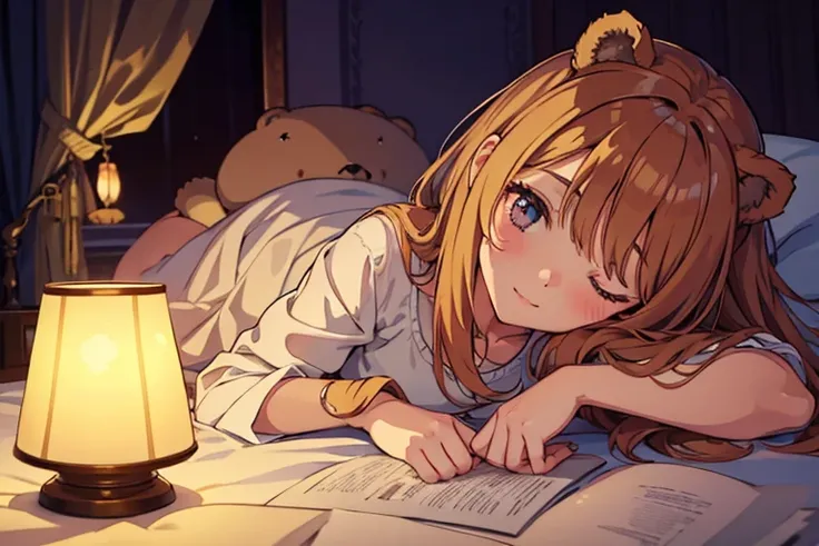 One girl, lying, cute, beautiful hair. A sleepy face, a happy dream, next to a cute bear doll, and only the light of a lamp in the room. Illustration with fancy atmosphere