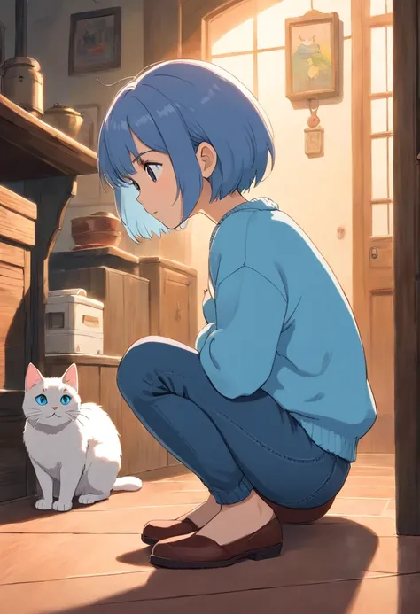 Short-haired girl in a light blue sweater and jeans squats and looks sideways at the cat