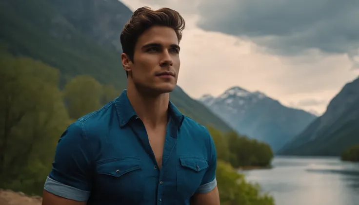 handsome young adult man，musculous，In a park with mountains and water