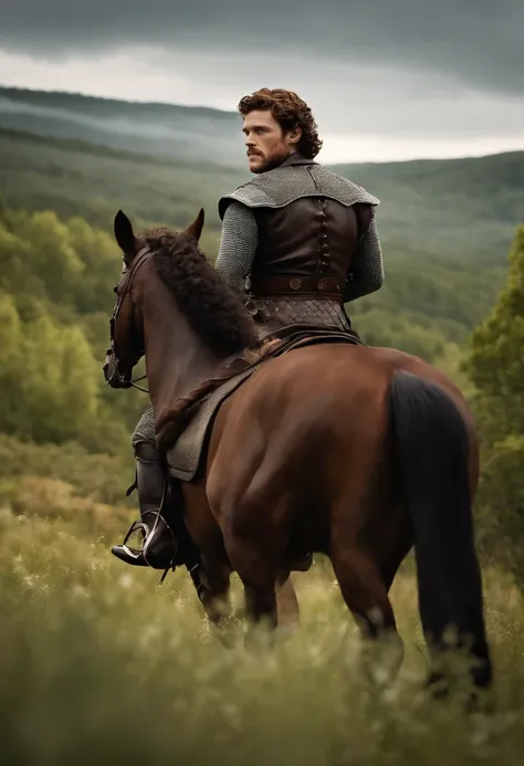 A photo of Robb enjoying a peaceful horseback ride through the scenic woodlands of The North.,Game of Thrones TV series,Robb Stark has curly auburn hair, blue eyes, and a neat beard. Famously portrayed by Richard Madden, male