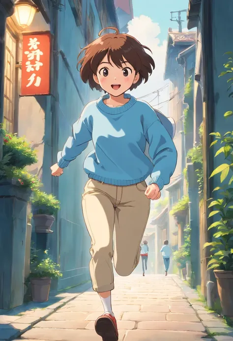 Short-haired girl in light blue sweater running in jeans and having fun