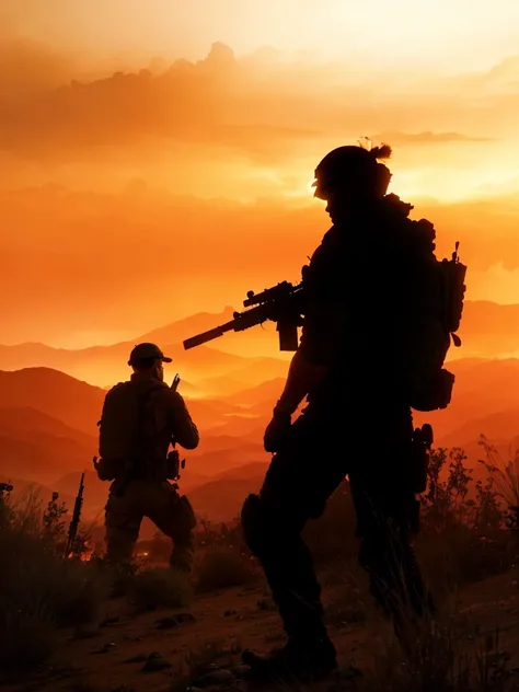 Silhouette of soldier carrying rifle and backpack on mountain, battleground background, battleground background, realistic soldier, battlefield 4, Violent exchanges escalate, in the middle of the battlefield, fire on the horizon, headquarters 4k wallpaper,...