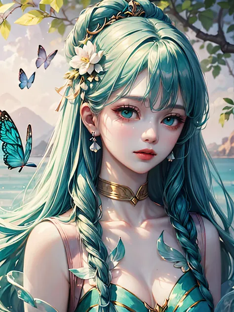 a beautiful girl with teal colored hair and butterflies in her hair, in the style of yanjun cheng, light emerald and white, fairycore, dark turquoise and light gold, delicate flowers, hyper-realistic water, light teal and white