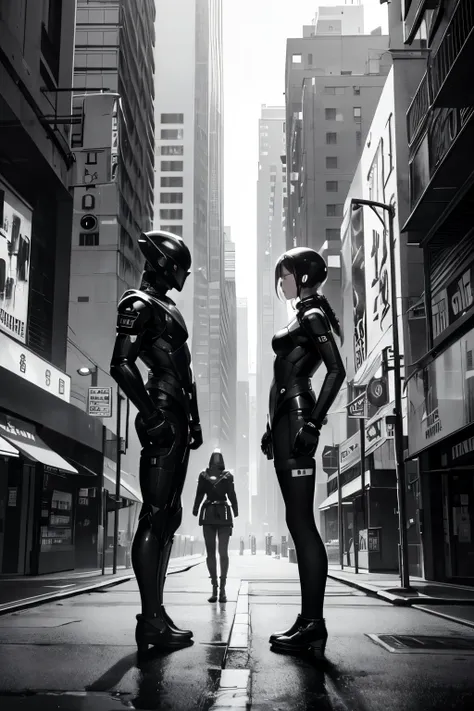 an art noir balck and white image of androids meeting in a dystopian city