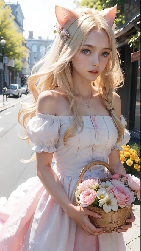 female, woman wearing white dress, long blonde hair with pink ombre has a  basket of flowers with cat around her  fantasy,