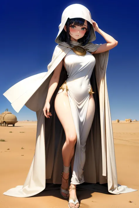 Cute girl, short dark blue hair, long white robe covering her head, Adult girl, desert, In the desert, camel, sexy body, Rough clothes, Wide dress