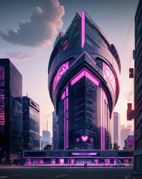 purple neon lights shine brightly on a modern building in a city, 3 d render beeple, arstation and beeple highly, in style of beeple, beeple |, cyberpunk building, inspired by Beeple, beeple daily art, beeple style, artem demura beeple, style hybrid mix of...