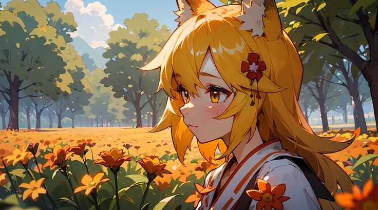 A girl, Fox ears, field, Orange flowers. Super detailed, Detailed ears, Detail Eyes, Girls 4K, Detailed flowers, beautiful clouds, detailed blocks, Beautiful trees, trees in the background, Detailed trees, Girl close-up, body