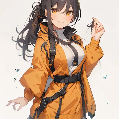 【Highest Quality, masutepiece】 [girl, Manteau, expressioness,deep orange eyes, front facing,dark brown hair,long ponytail hair,yellow knit cloth, Happy, Upper body] very happy smile,boobs,