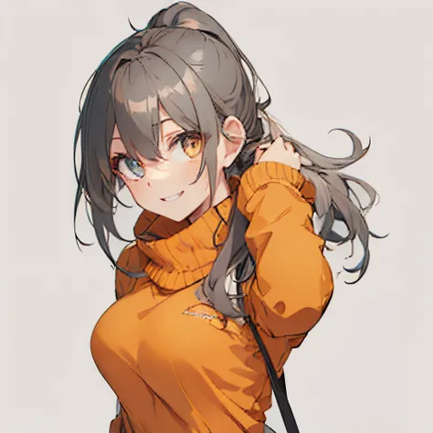 【Highest Quality, masutepiece】 [girl, Manteau, expressioness,deep orange eyes, front facing,dark brown hair,long ponytail hair,yellow knit cloth, Happy, Upper body] (Gray white background:1.2),very happy smile,boobs,