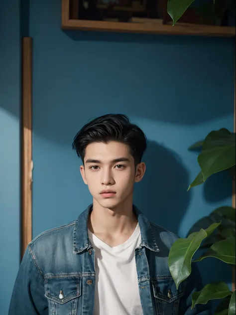 male, 20 year old boy, black eyes, slick back, denim jacket, half body photo, head facing the camera, room, (blue bougainville) jungle