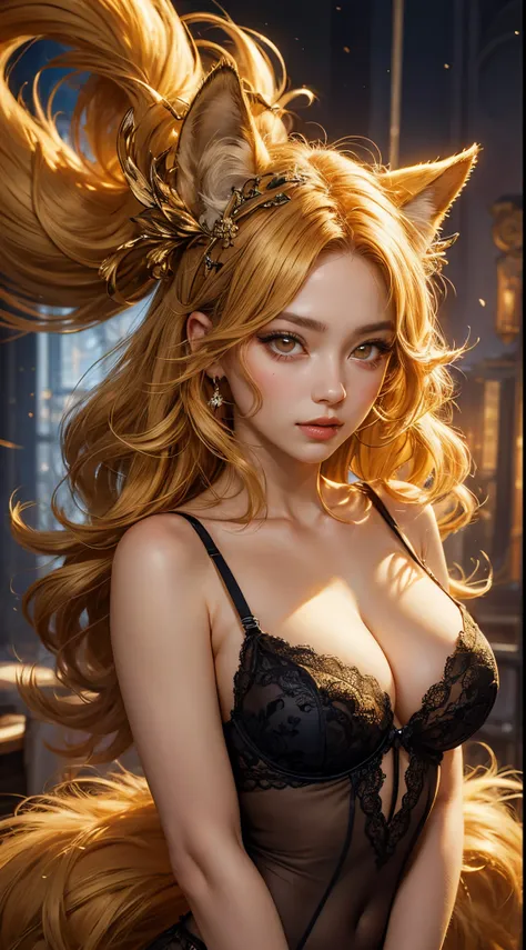 Golden Nine-Tail-Fox-Girl, (bright golden hair), ((big hair)), double eyelid, perfect figure, lovely face, perfect skin, golden eyes, Princess of Spirits, The Golden Age, (Lingerie)