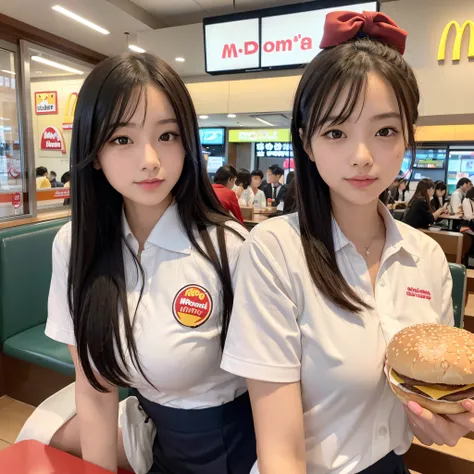 32K、Professional illustration、Only one woman、One sexy woman eating a hamburger at McDonald&#39;s&#39;S&#39;S、16 years old women、High School Uniforms