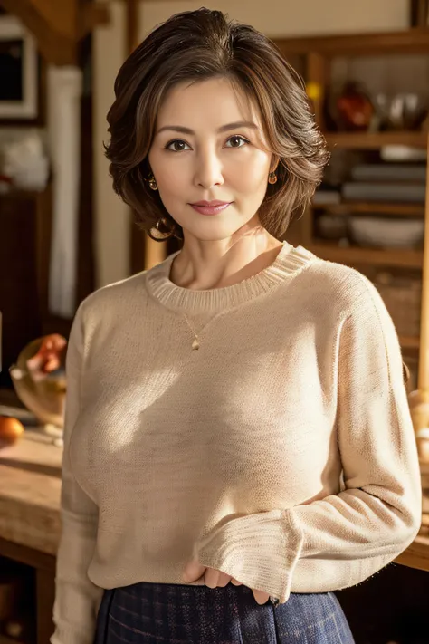 top-quality, ​masterpiece, hight resolution, Photorealsitic, profetional lighting, ighly detailed, depth of fields, ((beautiful mature lady)), ((70yo)), Female sexy, ‎Classroom, ((Sweaters, skirt by the)), Detailed face, beautidful eyes, bangss, large brea...