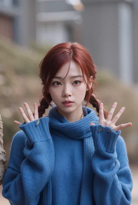 Araffed woman with red hair and blue sweater making a grimace, Sun Yunjoo, Kim Doyoung, ulzzang, Jinyoung Shin, tzuyu de dos veces, Parque Ji-min, Jossi de Blackpink, Lee Ji - Eun, Lee Ji-eun, Jaeyeon Nam, Taejune Kim, Lalisa Manobal, Ruan Jia hermoso!