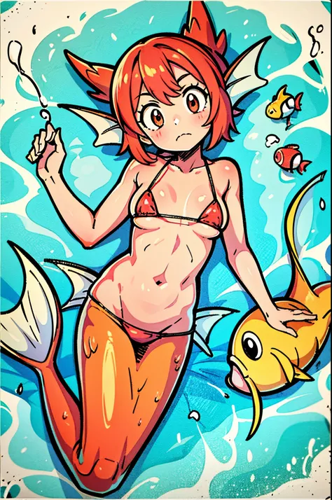 Magikarp_Pokemon, fish, splash, pectoral fins, two whiskers, loli, humanoid, bikini, on the floor, puddle, red skin, fish girl, 1firl, red hair, micro bikini