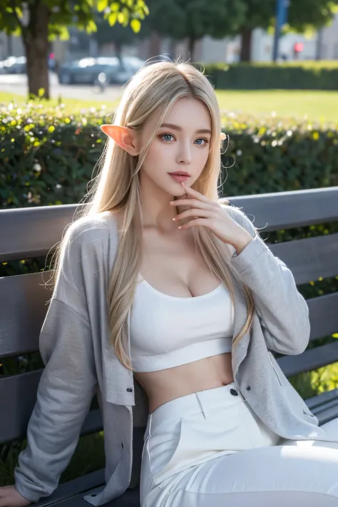 Elf beauty with elongated ears, big breasts, slender figure, slitted blue eyes, semi-long blond hair, grey jacket, white shirt, grey trousers, sitting on bright park bench, eating sandwich, resting, happy expression, only one person, full body portrait, fu...