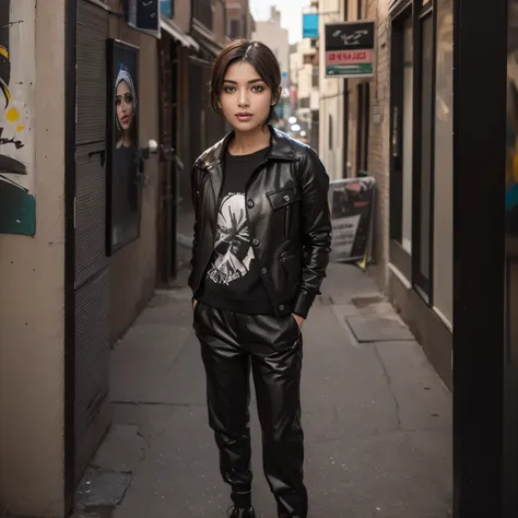 (8k, ultra high res:1.1) nasrin, an 18-year-old iranian girl, poses in front of a vibrant street art mural. she wears a trendy a...