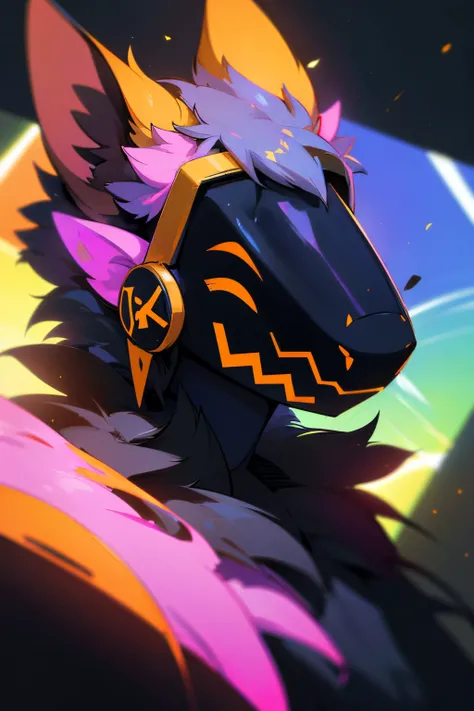 black protogen, smiling, happy, dynamic lighting, illustration, portrait, beautiful, particles (high quality,4k,8k,highres,masterpiece:1.2), ultra-detailed, impressionistic:colorful,