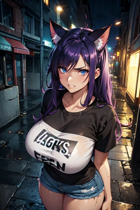 (high quality, high resolution, fine details), realistic, (cat-eared woman), dark alley, graffiti, neon lights, rainy weather, o...