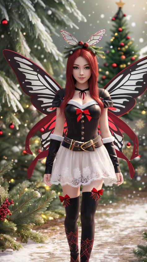 fairy with butterfly wings full body red hair Girl extreme beauty In ((Christmas Outfit))  Outside in the hills ((Skinny Petite)), Photorealistic Photo Masterpiece Realistic Realism Photorealism High Contrast Photorealistic Digital Art Trending in Artstati...