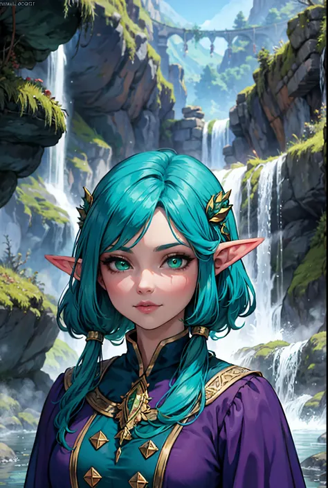 Sweet Face,Glowing Eyes, Elven Ears,teal hair, Purple And Green outfit, Waterfall background, Highest Quality, Raytraced 8k, Wallpaper, Highest Graphical Quality,