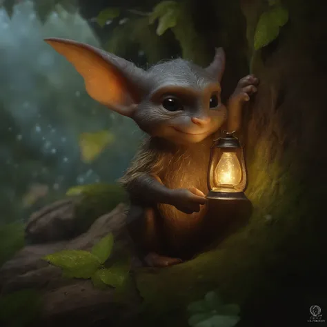 In the cave，Small male goblins, wear a leather vest with a hood, 真实感, Realism, Close up of cute tiny fireflies around a huge oak tree, collects drops of dew in a bell bud, Flowers, the buds glow, illuminate the bush, a detailed painting, cgsociety, Detaile...