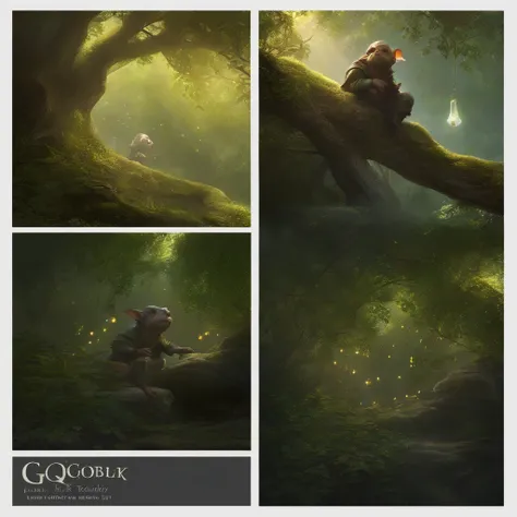 In the cave，Small male goblins, wear a leather vest with a hood, 真实感, Realism, Close up of cute tiny fireflies around a huge oak tree, collects drops of dew in a bell bud, Flowers, the buds glow, illuminate the bush, a detailed painting, cgsociety, Detaile...