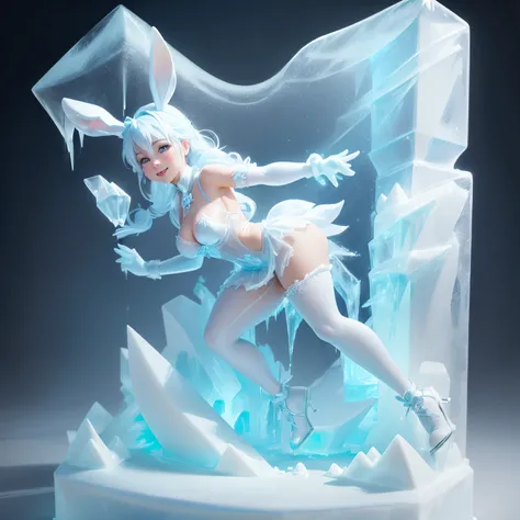 (Ice sculpture:1.4),Cinematic Angle,(cute ice sculpture bunny girl,Anatomically correct,Full body,Masterpiece ice sculpture camellia,masterpiece han style,Smile)Christmas