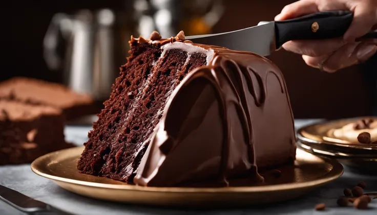 Capture a creative shot of a chocolate cake being sliced, capturing the moment when the knife glides through the cake, revealing its indulgent interior