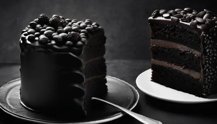 Capture a black and white image of a chocolate cake, emphasizing the contrast and textures without the distraction of color.”