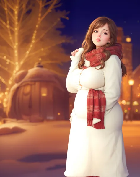 (best quality), big head, (1girl with gigantic breasts:1.3) Pregnant fat Girl With Brown hair ,White Pale Skin Tone , fat Pregnant girl wearing Winter Coat At Night Christmas City , Wearing Winter Red syal , light night city at Christmas time , UHD , 8K